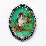 Vintage Christmas Kitten Holly Brooch Silver Holiday