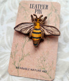 Honey Bee Leather Pin - Insect Zoo Nature Art
