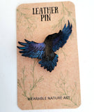 Flying Raven Leather Nature Art Animal Pin